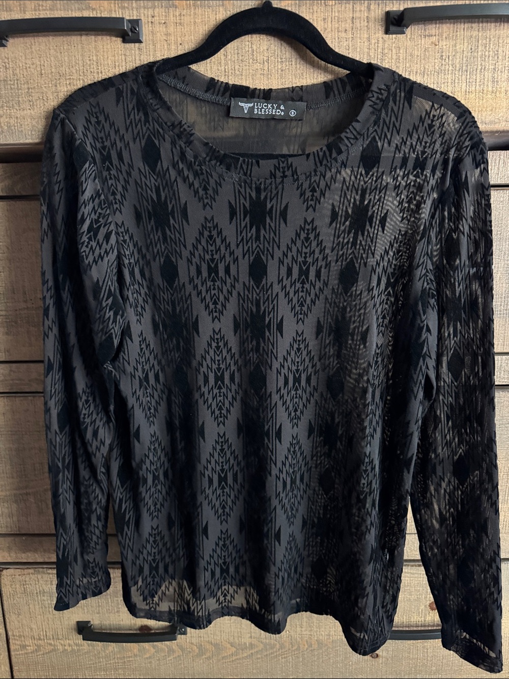 Lucky & Blessed Black Geometric Velvet Burnout Long Sleeve Tee